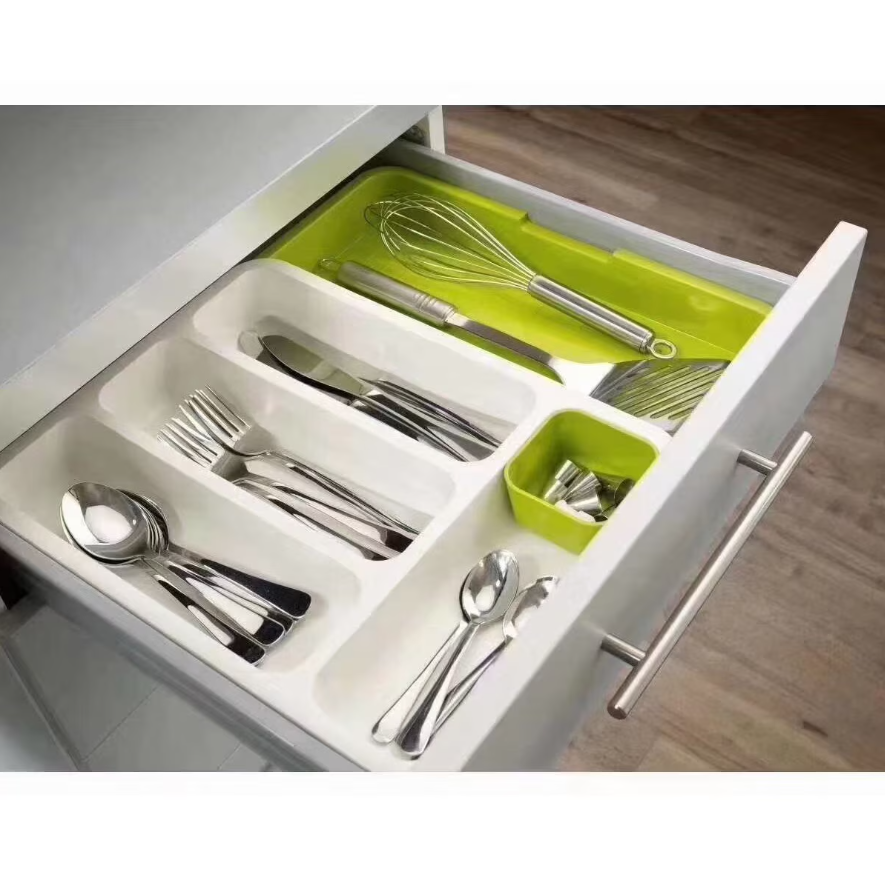 Organizator Extensibil si Multifunctional pentru Tacamuri AT PERFORMANCE®– Suport Modular pentru Sertar din Plastic - de la 29cm la 48cm - Alb-Verde
