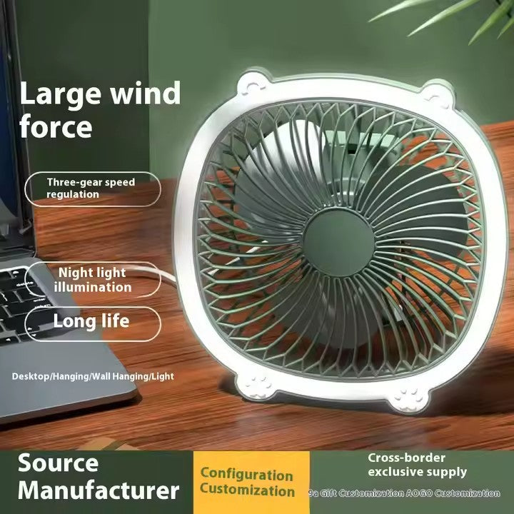 Ventilator AT PERFORMANCE® de Camping Reîncărcabil USB cu Cârlig Pliabil, LED, 3 Viteze, 180° – Portabil și Multifuncțional